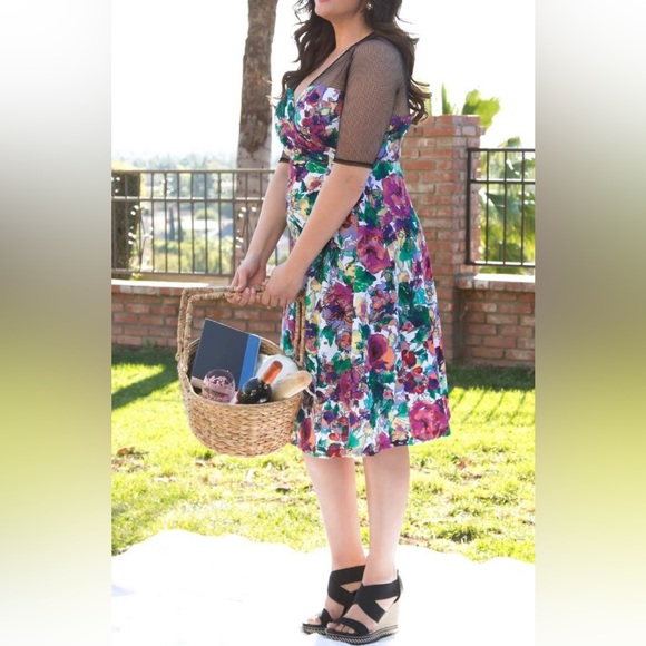 Kiyonna Sugar And Spice Floral Mesh Sleeve Dress - Picture 1 of 7